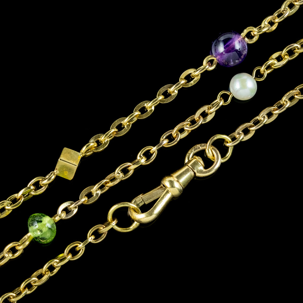 Art Deco Suffragette Chain 15ct Gold Amethyst Pearl Peridot