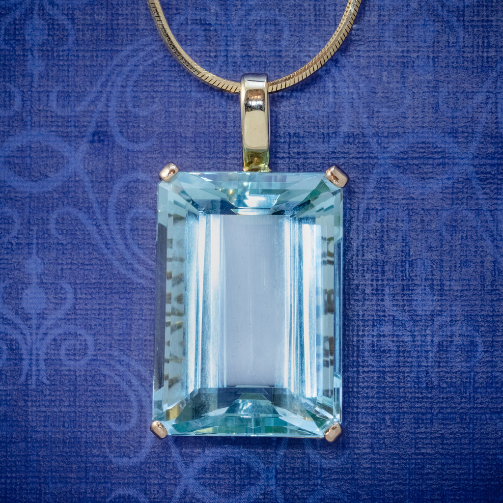 ART DECO AQUAMARINE PENDANT NECKLACE 30CT EMERALD CUT AQUA 14CT GOLD COVER