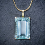 ART DECO AQUAMARINE PENDANT NECKLACE 30CT EMERALD CUT AQUA 14CT GOLD FRONT