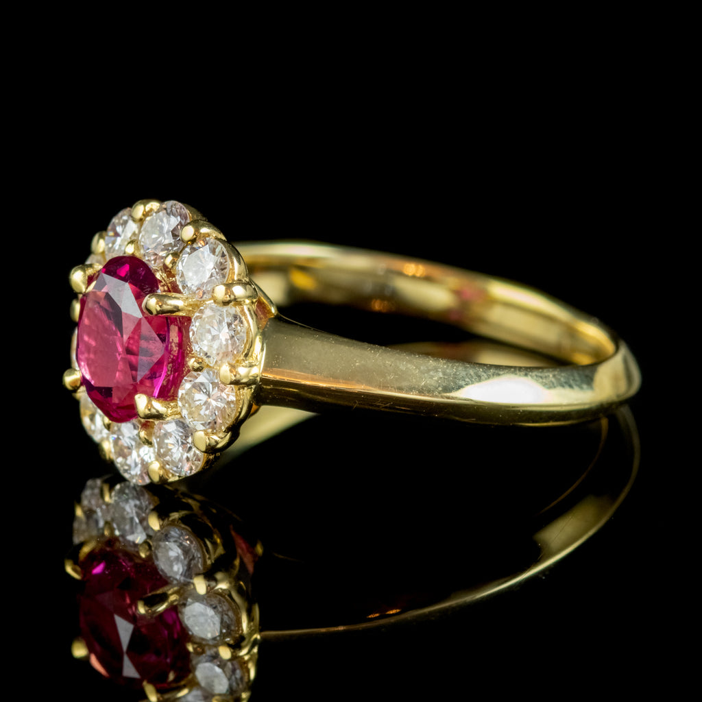 Burmese Ruby Diamond Cluster Ring 18Ct Gold 1.10Ct Natural Ruby With Cert