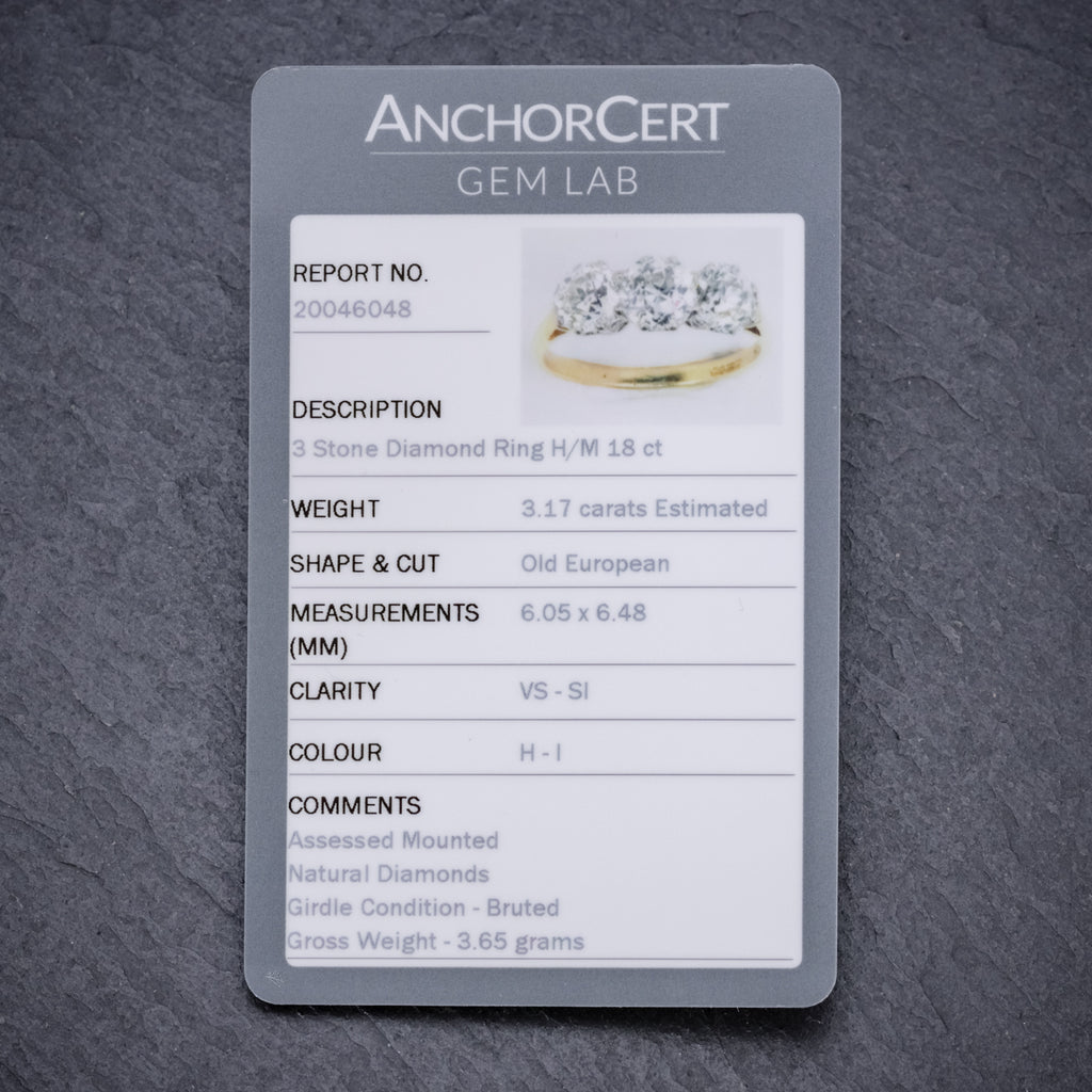 Diamond Trilogy Ring 18ct Gold 3.17ct Of Diamond Full Cert CERT