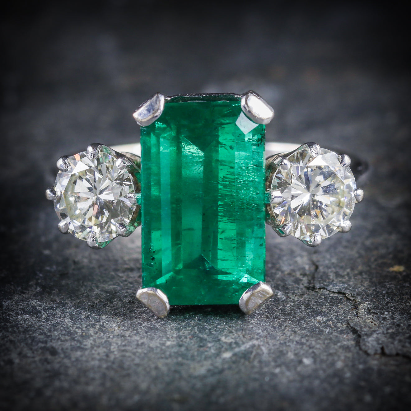 Emerald Diamond Trilogy Ring 18ct Gold Dated 1976 Secondary image