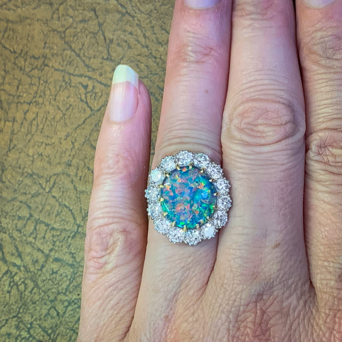 VINTAGE BLACK OPAL CLUSTER RING PLATINUM 5.75CT OPAL CIRCA 1970 hand
