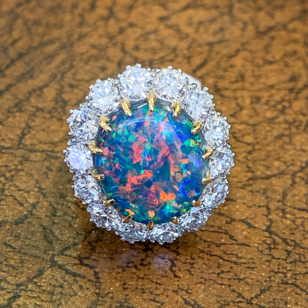 VINTAGE BLACK OPAL CLUSTER RING PLATINUM 5.75CT OPAL CIRCA 1970 front