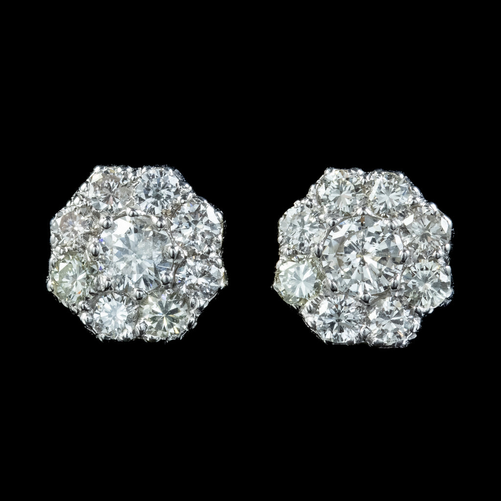 Edwardian Style Diamond Daisy Cluster Stud Earrings 1.68ct Of Diamond