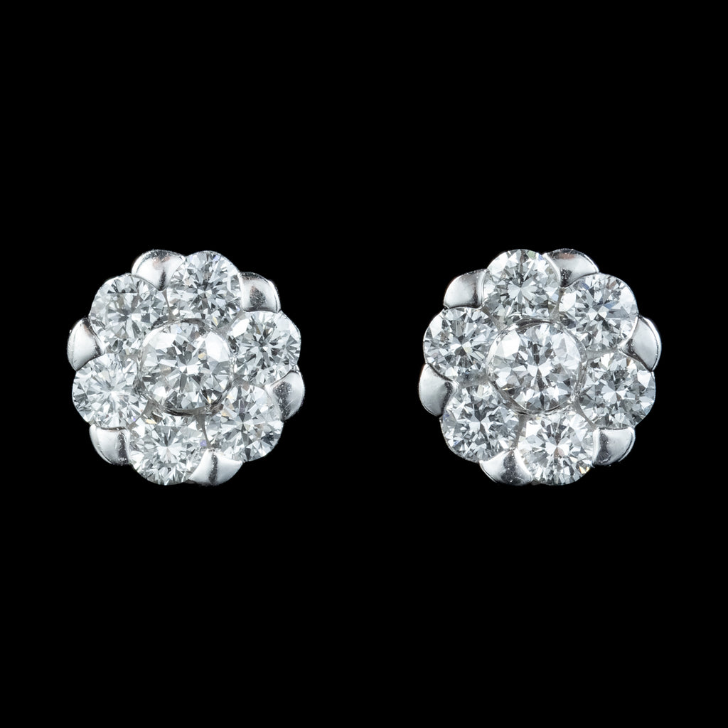 Edwardian Style Diamond Daisy Stud Earrings 18ct Gold 1ct Of Diamond