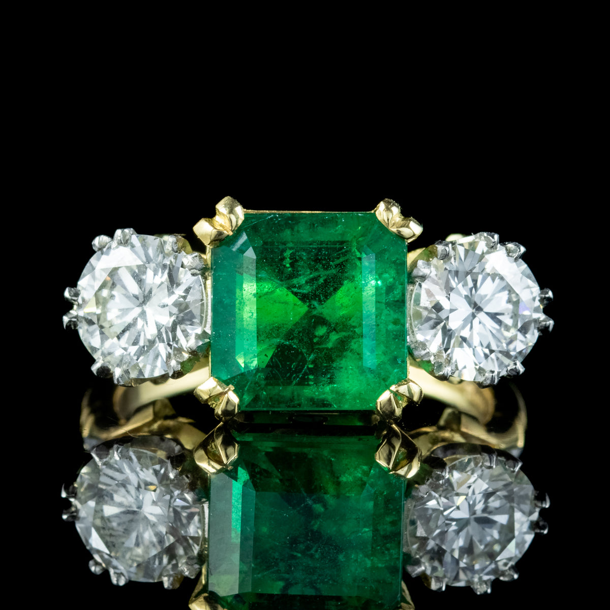 Edwardian Style Emerald Diamond Trilogy Ring 3.39ct Emerald 1.95ct Diamond With Cert 