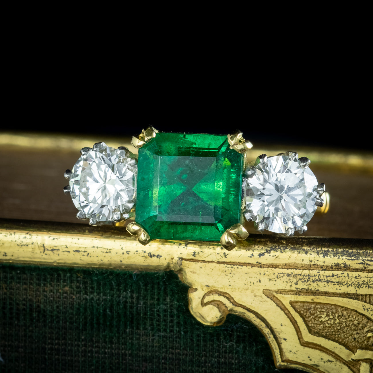 Edwardian Style Emerald Diamond Trilogy Ring 3.39ct Emerald 1.95ct Diamond With Cert 