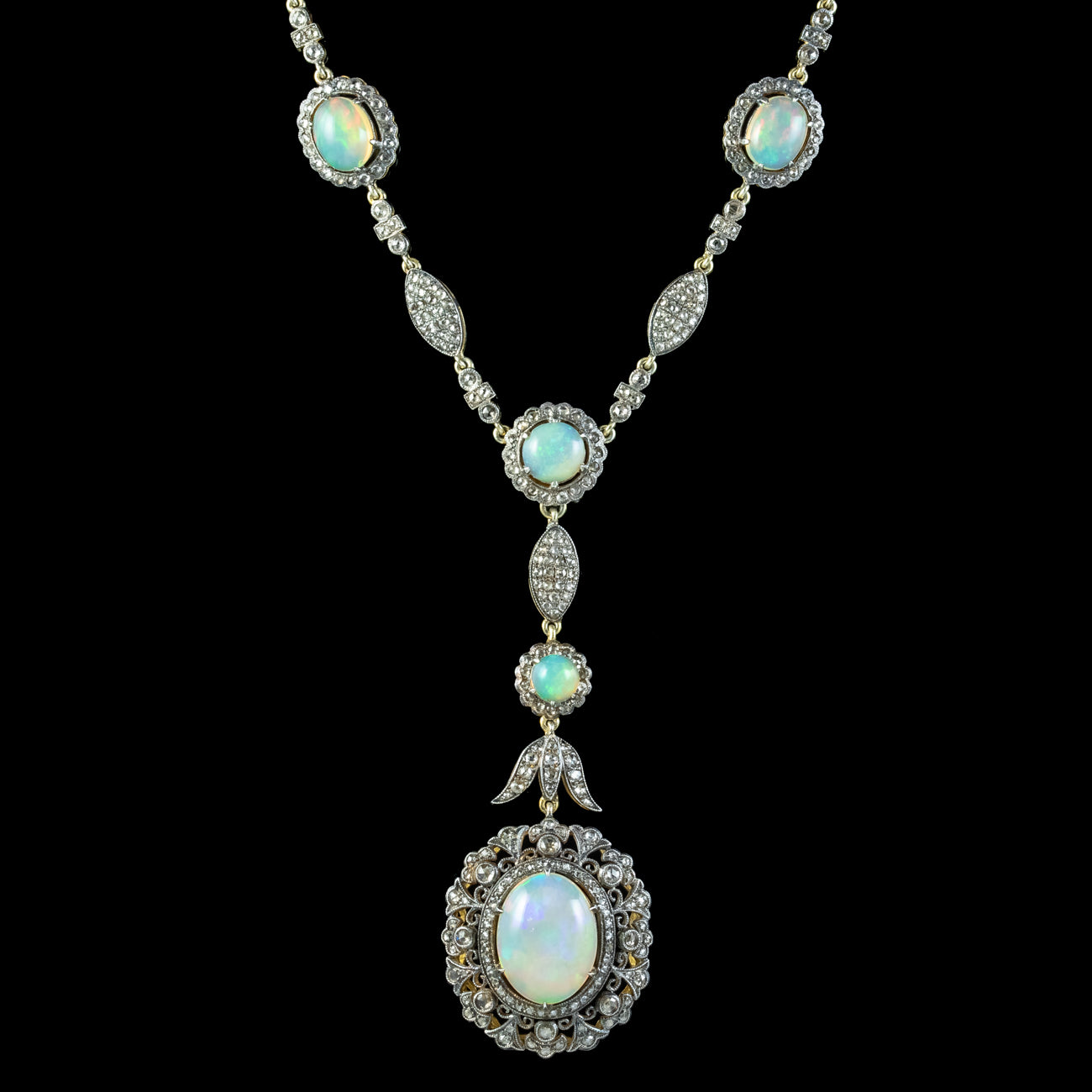 Edwardian Style Opal Diamond Lavaliere Necklace Silver 18ct Gold 30ct Of Opal Secondary image