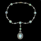 Edwardian Style Opal Diamond Lavaliere Necklace Silver 18ct Gold 30ct Of Opal