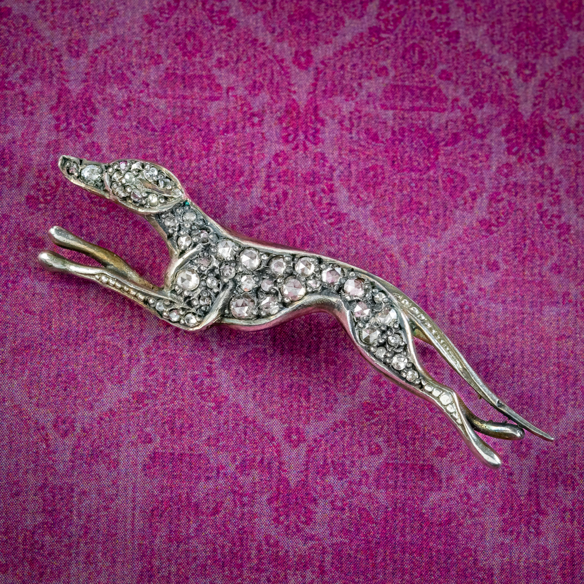 Edwardian Style Rose Cut Diamond Greyhound Brooch Silver Gold Gilt  Main image