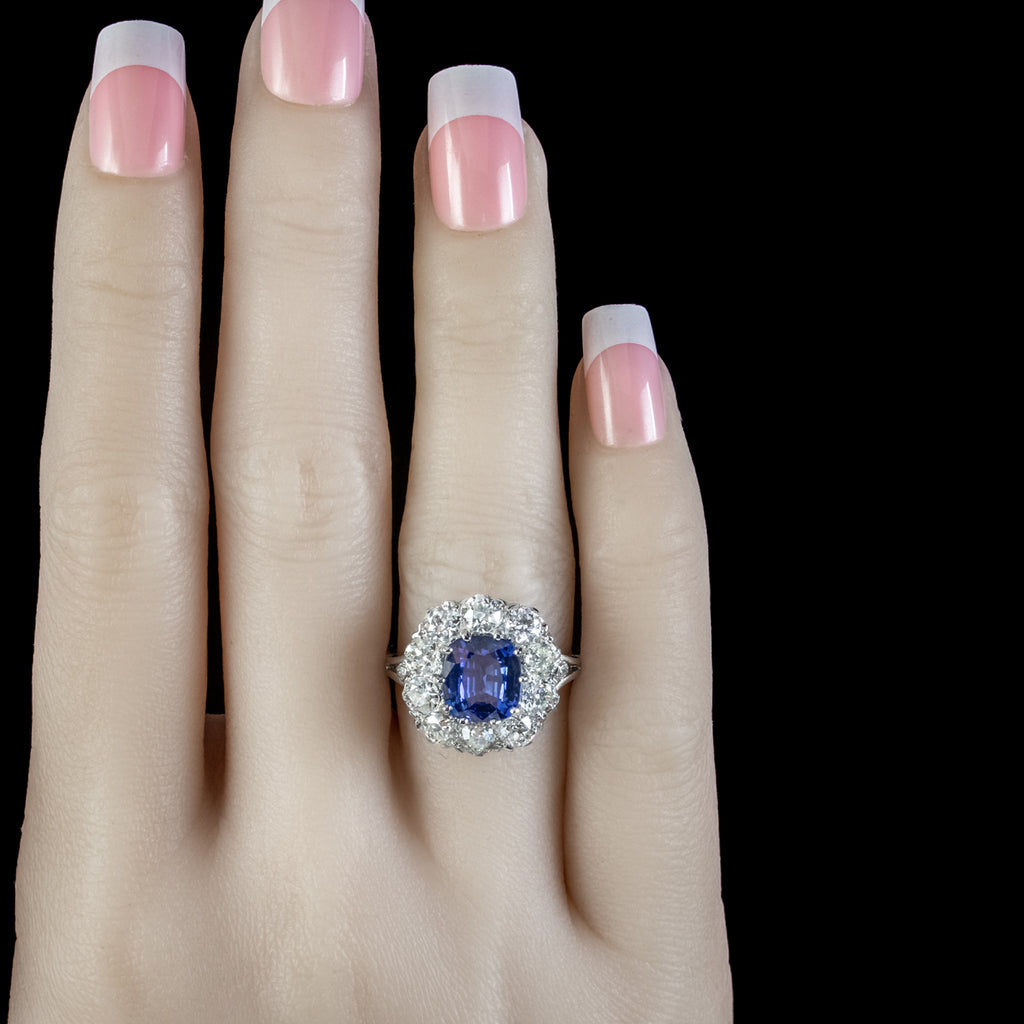 Edwardian Style Sapphire Diamond Cluster Ring 3.25ct Sapphire 