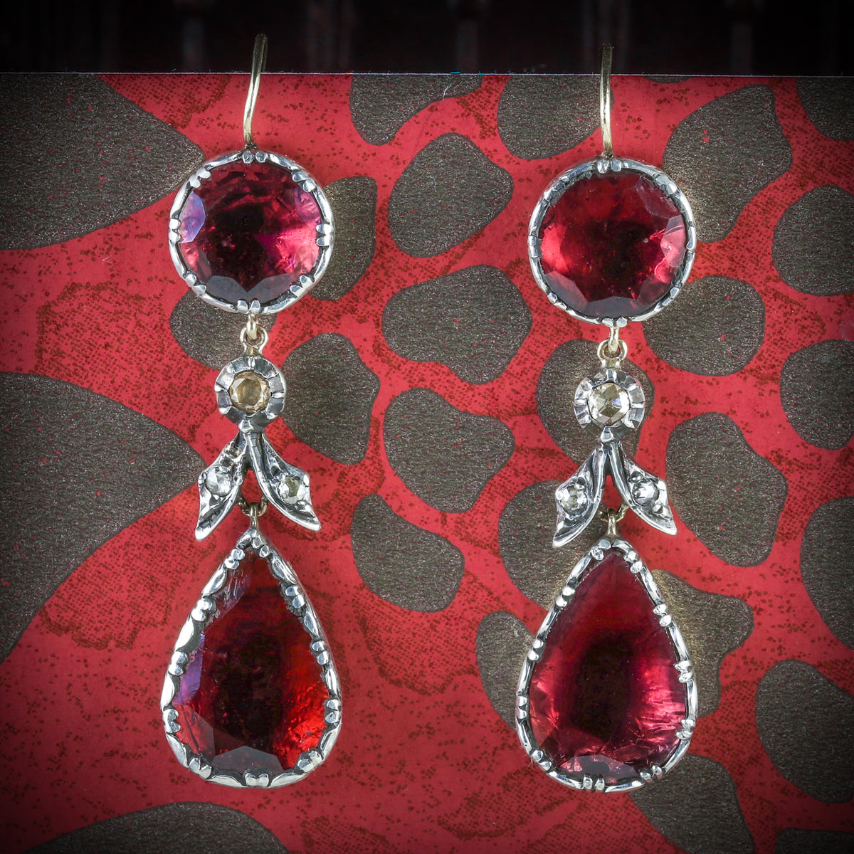 GEORGIAN FLAT CUT GARNET DIAMOND DROP EARRINGS 18CT GOLD SILVER COVER Main image