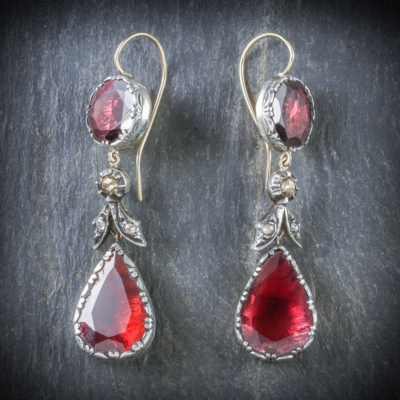 Georgian Garnet Diamond Drop Earrings 18ct Gold Silver Secondary image