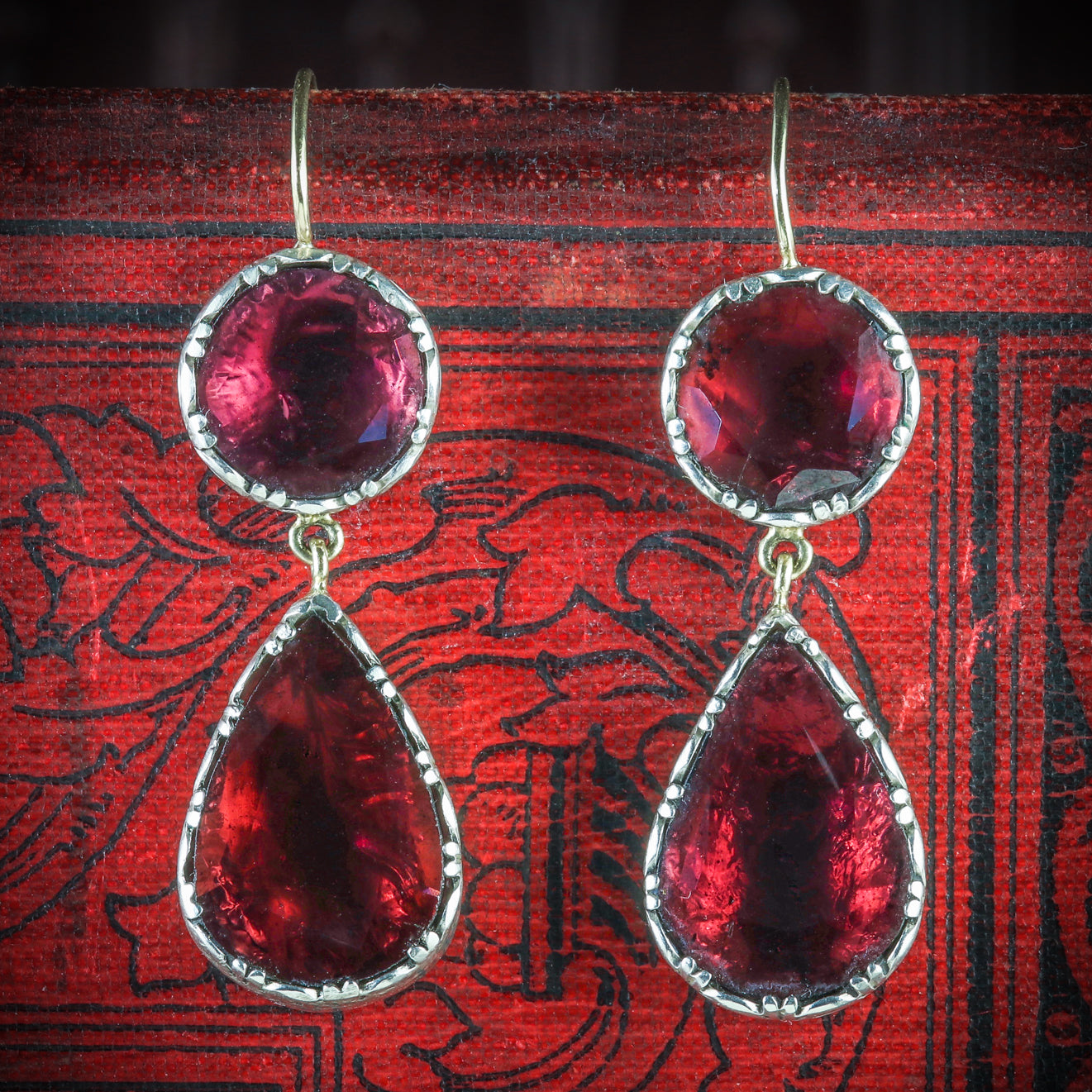 GEORGIAN GARNET DROP EARRINGS 18CT GOLD FLAT CUT GARNET COVER Main image