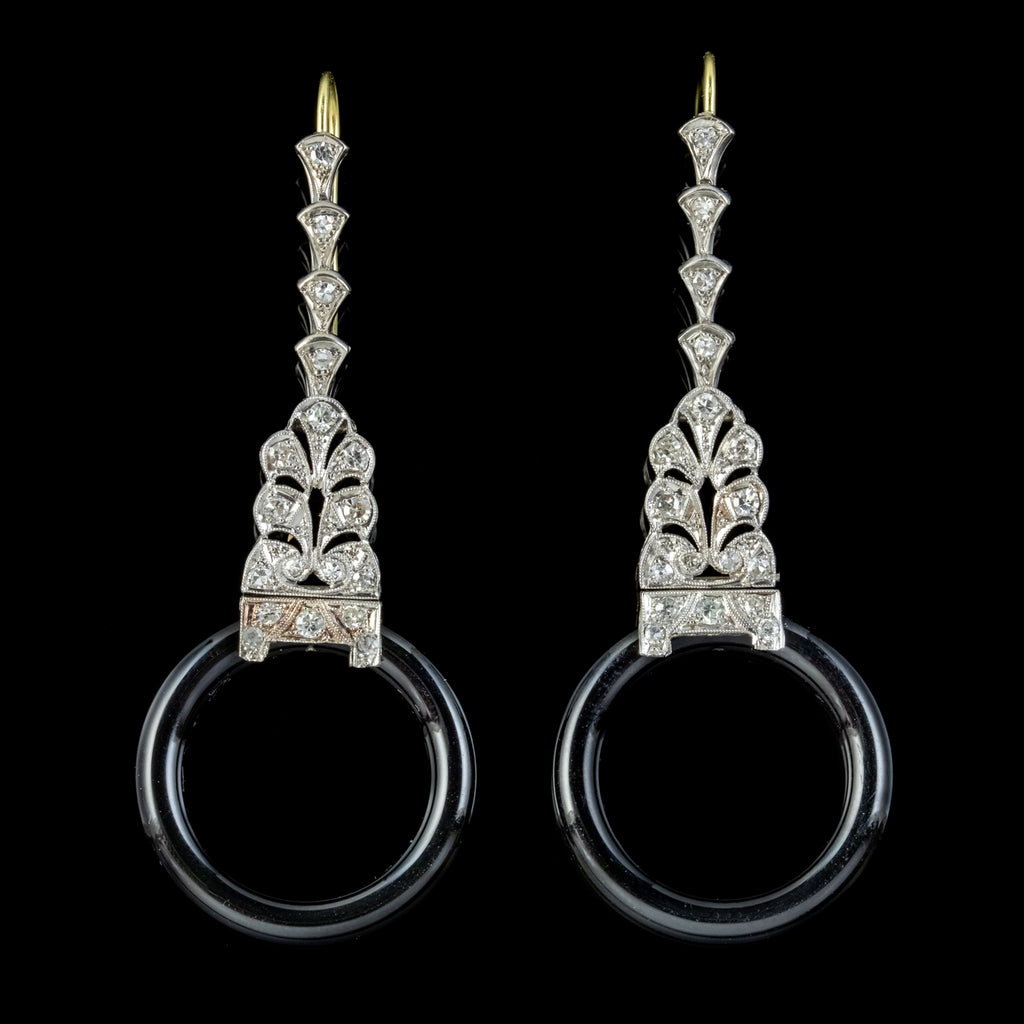 ONYX DIAMOND HOOP DROP EARRINGS PLATINUM 18CT GOLD WIRES