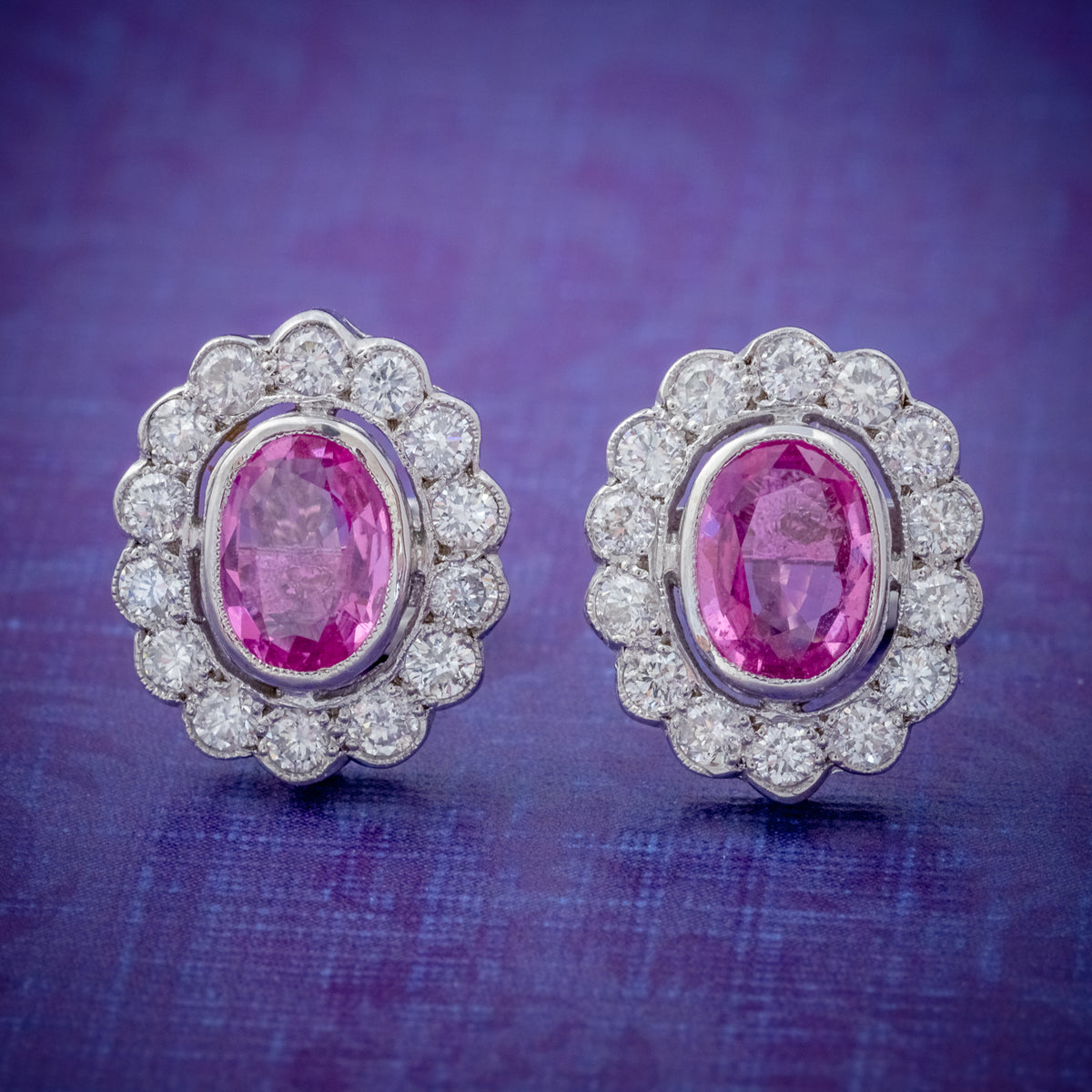 PINK SAPPHIRE DIAMOND CLUSTER STUD EARRINGS 18CT WHITE GOLD 2CT OF SAPPHIRE COVER