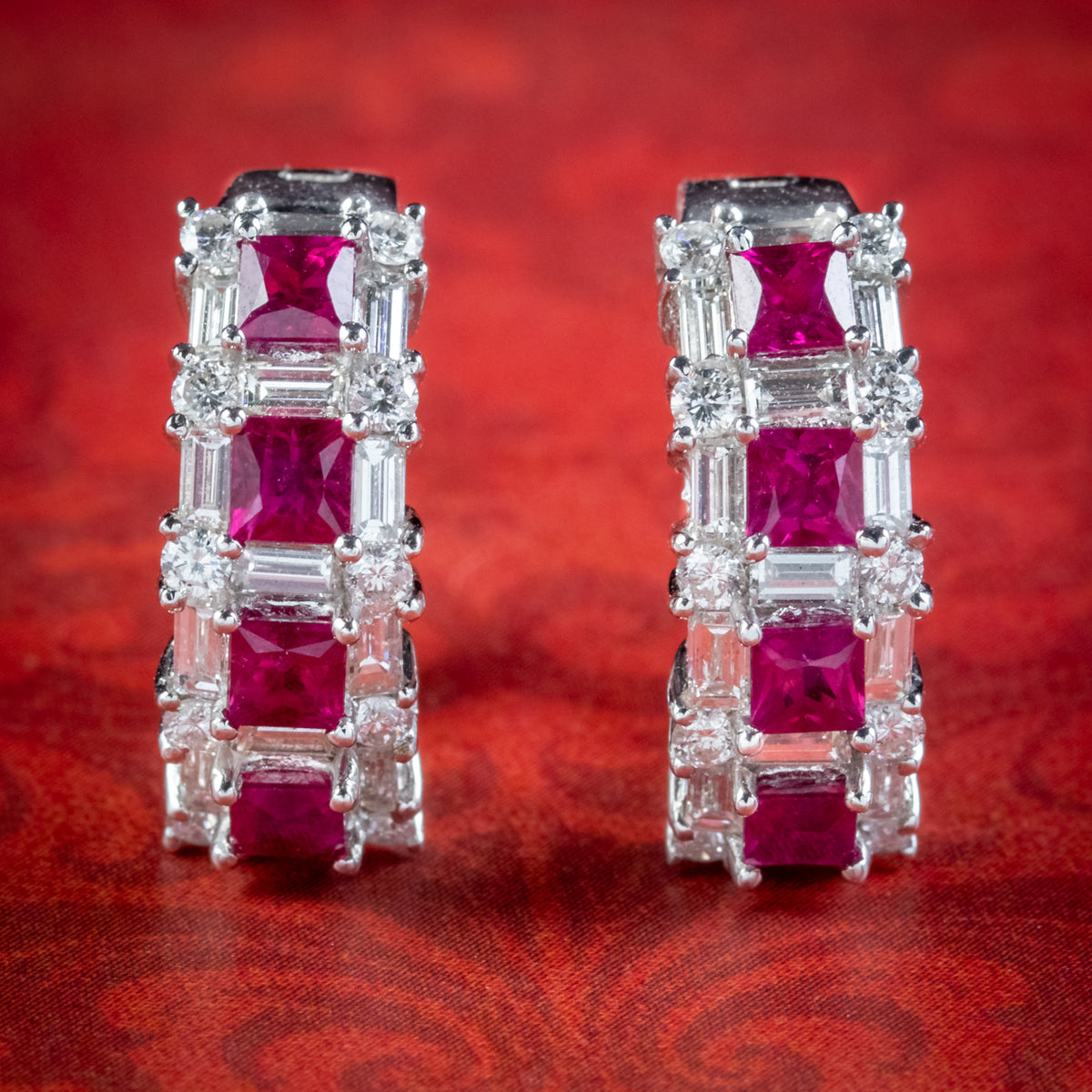Ruby Diamond Half Hoop Earrings 18ct White Gold 1.20ct Of Ruby 3ct Of Diamond