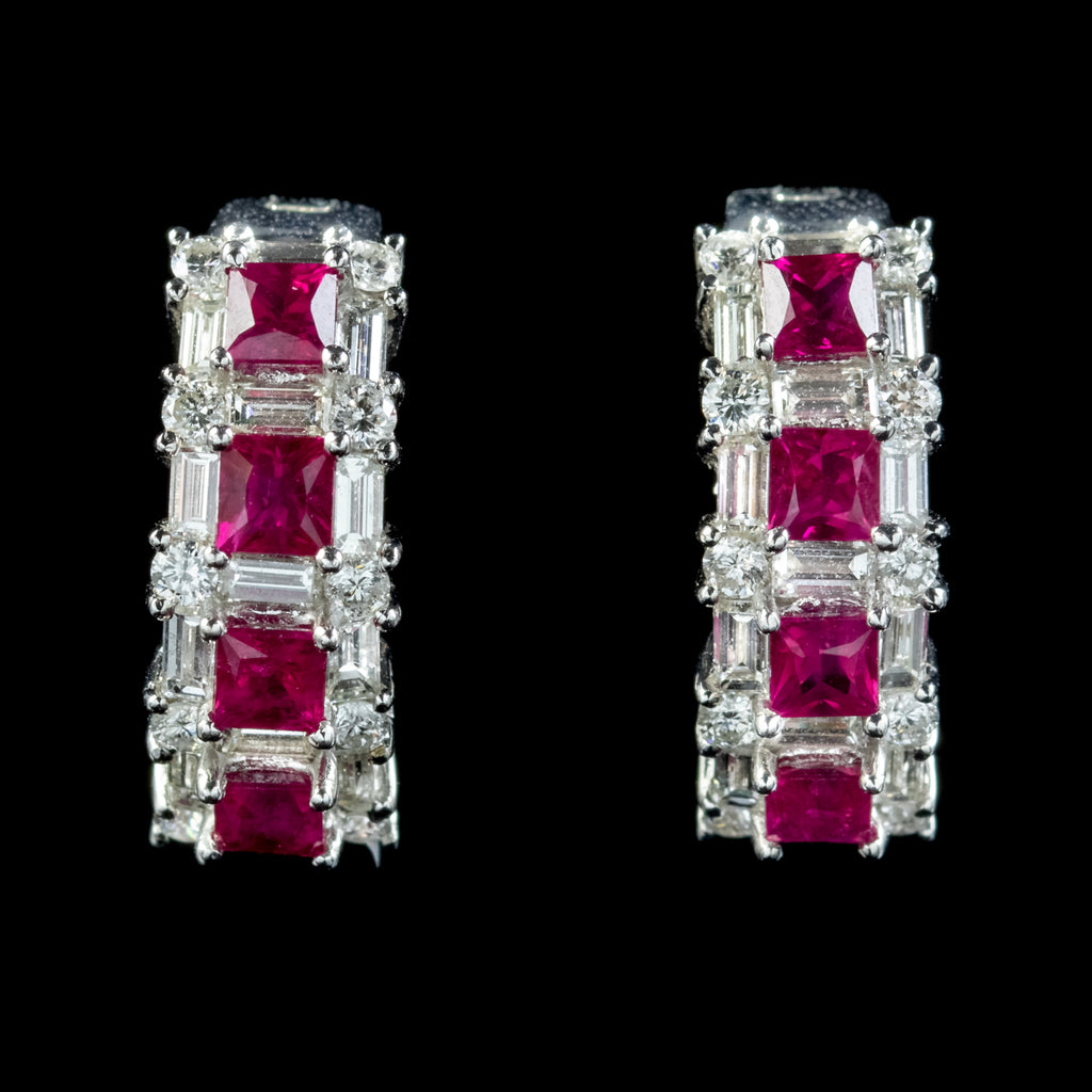 Ruby Diamond Half Hoop Earrings 18ct White Gold 1.20ct Of Ruby 3ct Of Diamond