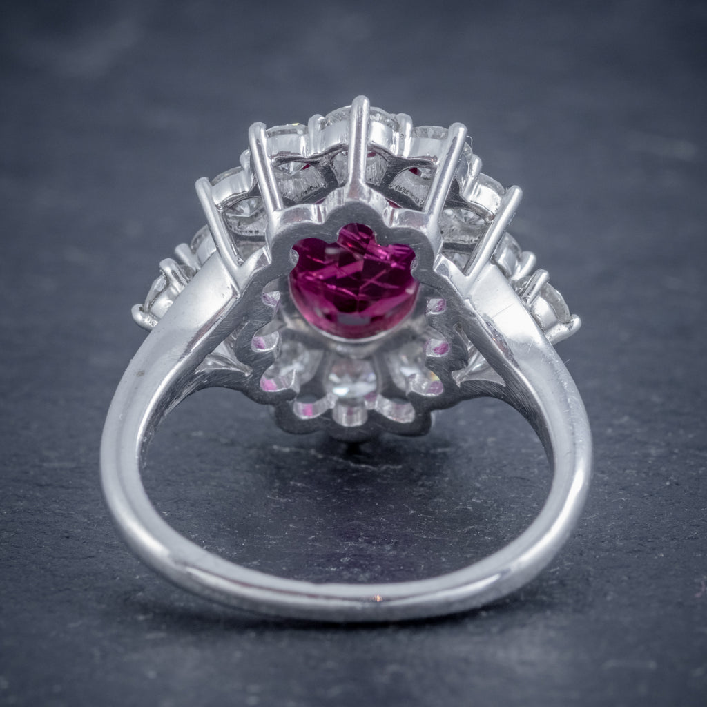 VINTAGE RUBY DIAMOND CLUSTER RING NATURAL 3.20CT RUBY 2.50CT DIAMONDS 18CT WHITE GOLD CERT BACK