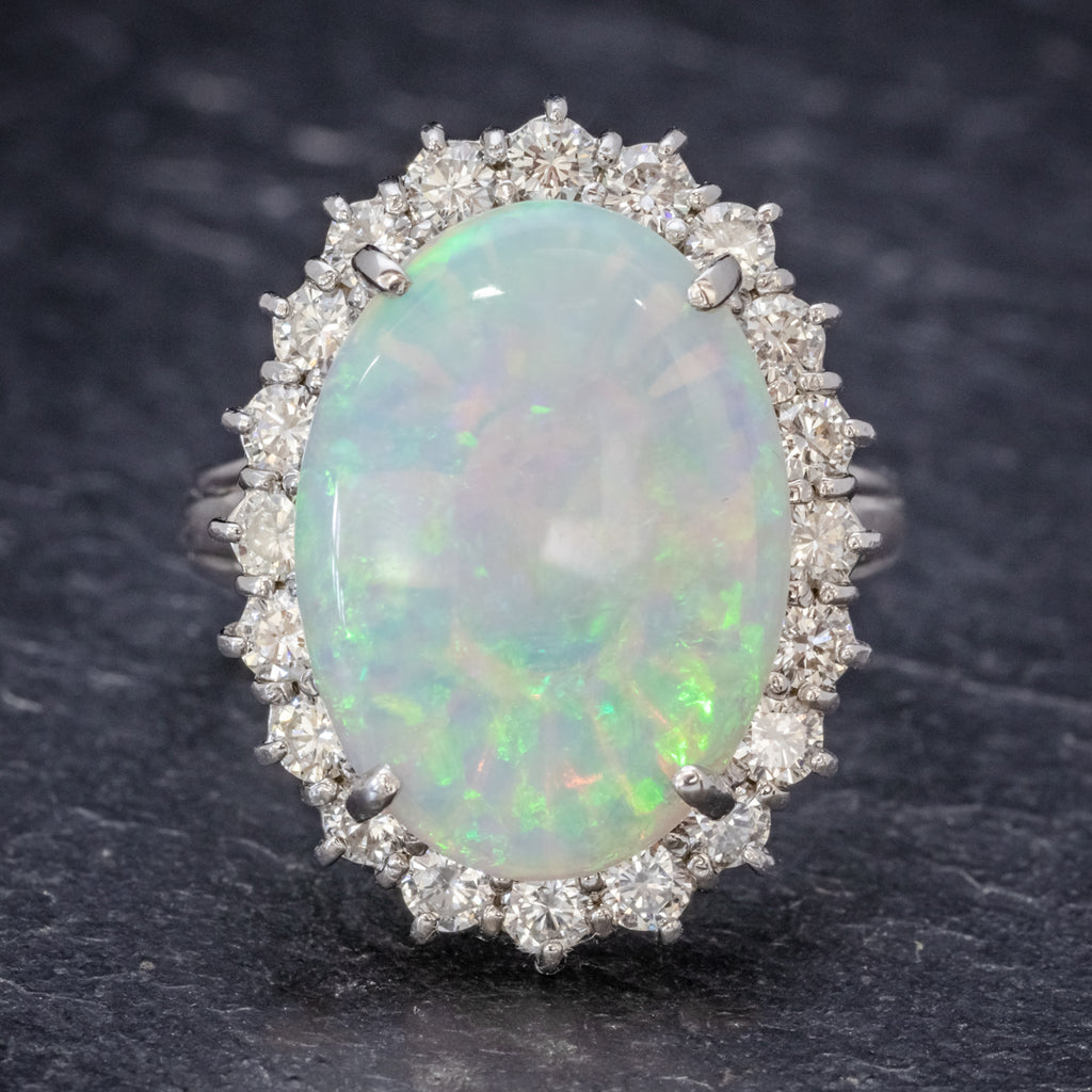 VINTAGE OPAL DIAMOND CLUSTER RING PLATINUM 10CT OPAL  FRONT