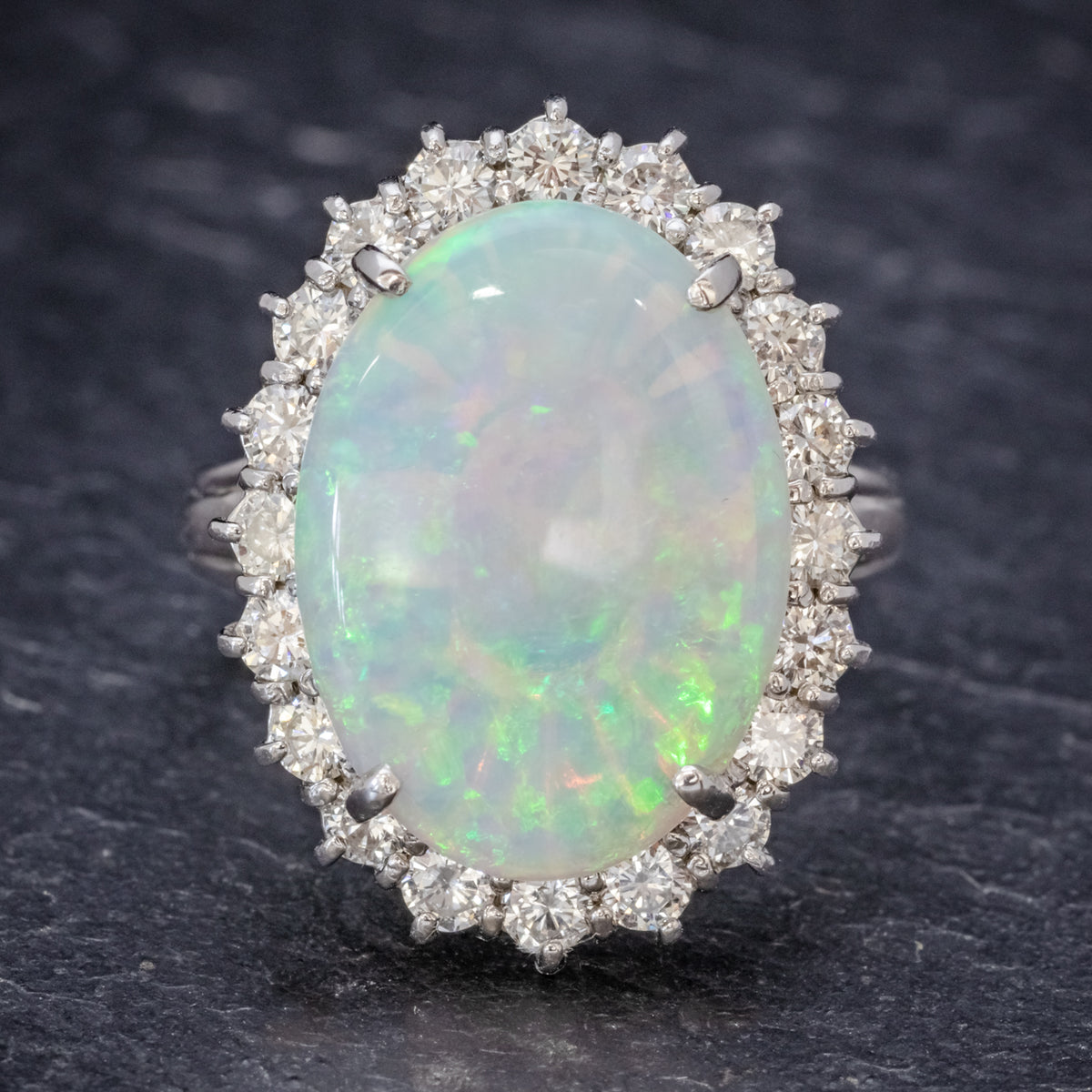 VINTAGE OPAL DIAMOND CLUSTER RING PLATINUM 10CT OPAL  FRONT