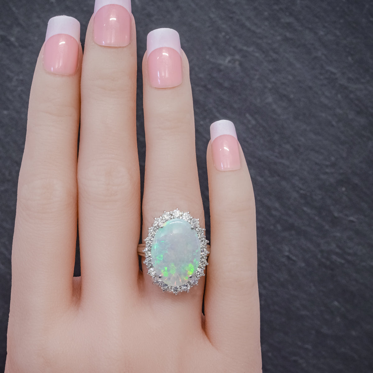 VINTAGE OPAL DIAMOND CLUSTER RING PLATINUM 10CT OPAL  HAND