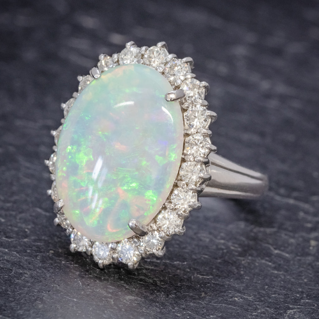 VINTAGE OPAL DIAMOND CLUSTER RING PLATINUM 10CT OPAL  SIDE