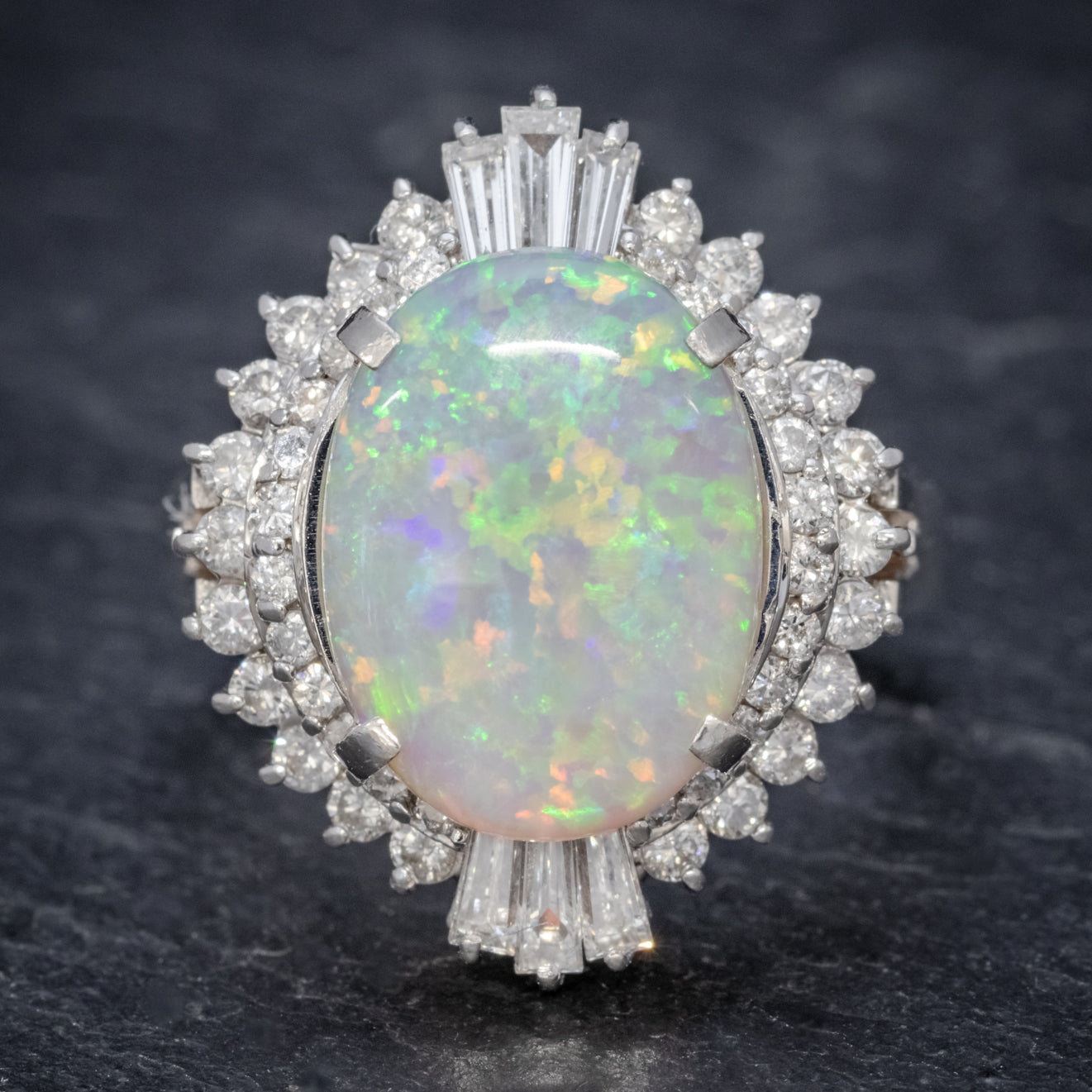 VINTAGE OPAL DIAMOND CLUSTER RING PLATINUM 3.47CT OPAL FRONT