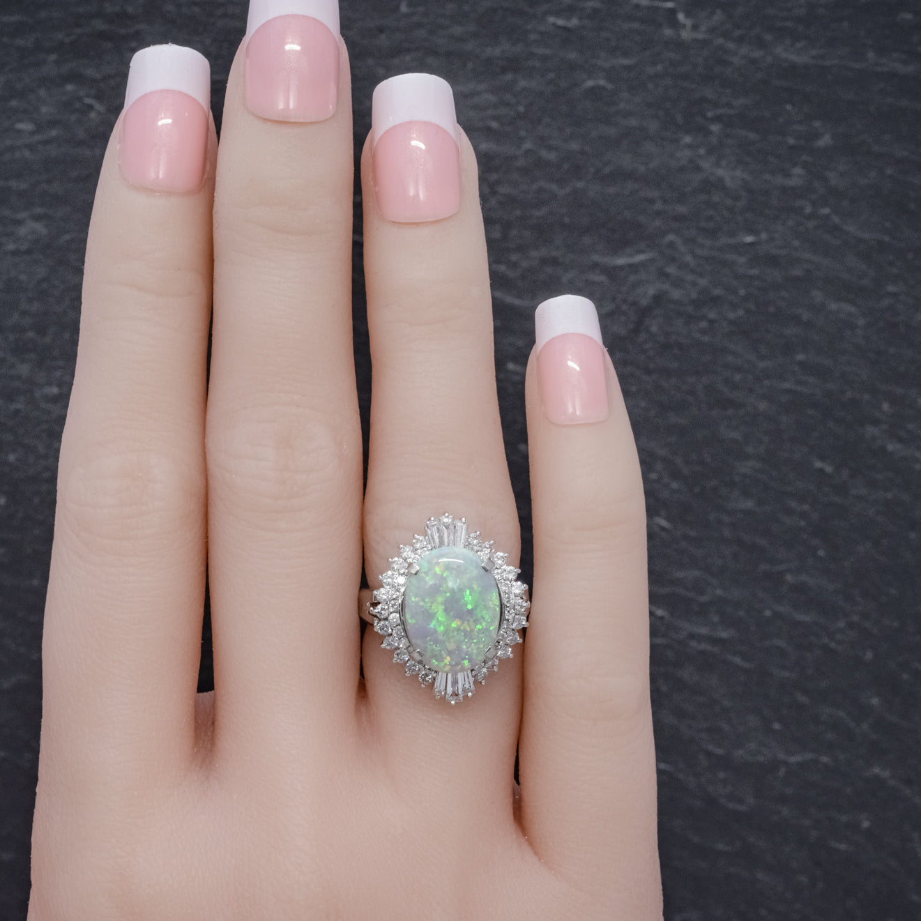 VINTAGE OPAL DIAMOND CLUSTER RING PLATINUM 3.47CT OPAL HAND