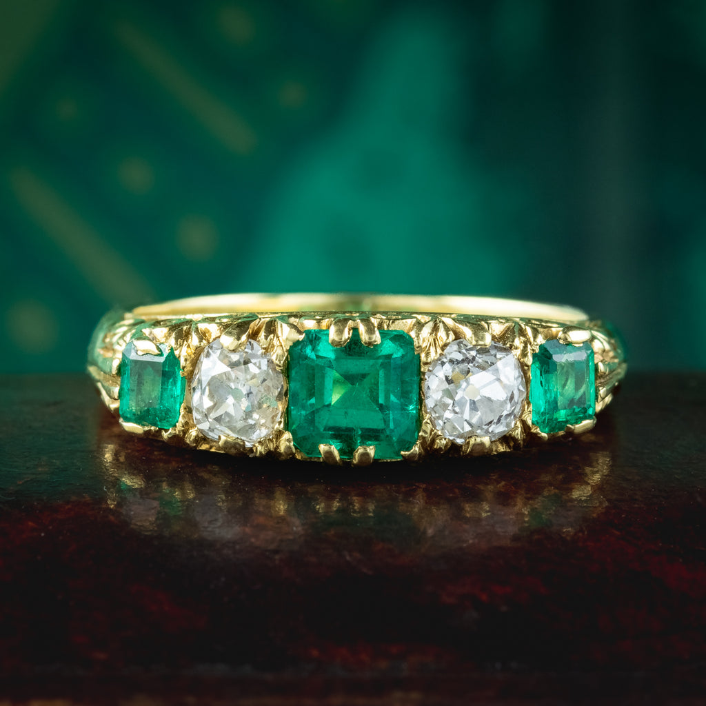 Victorian Style Emerald Diamond Five Stone Ring 1ct Emerald