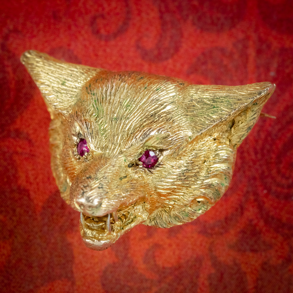 Victorian Style Fox Brooch 9ct Gold Ruby Eyes Dated 1987