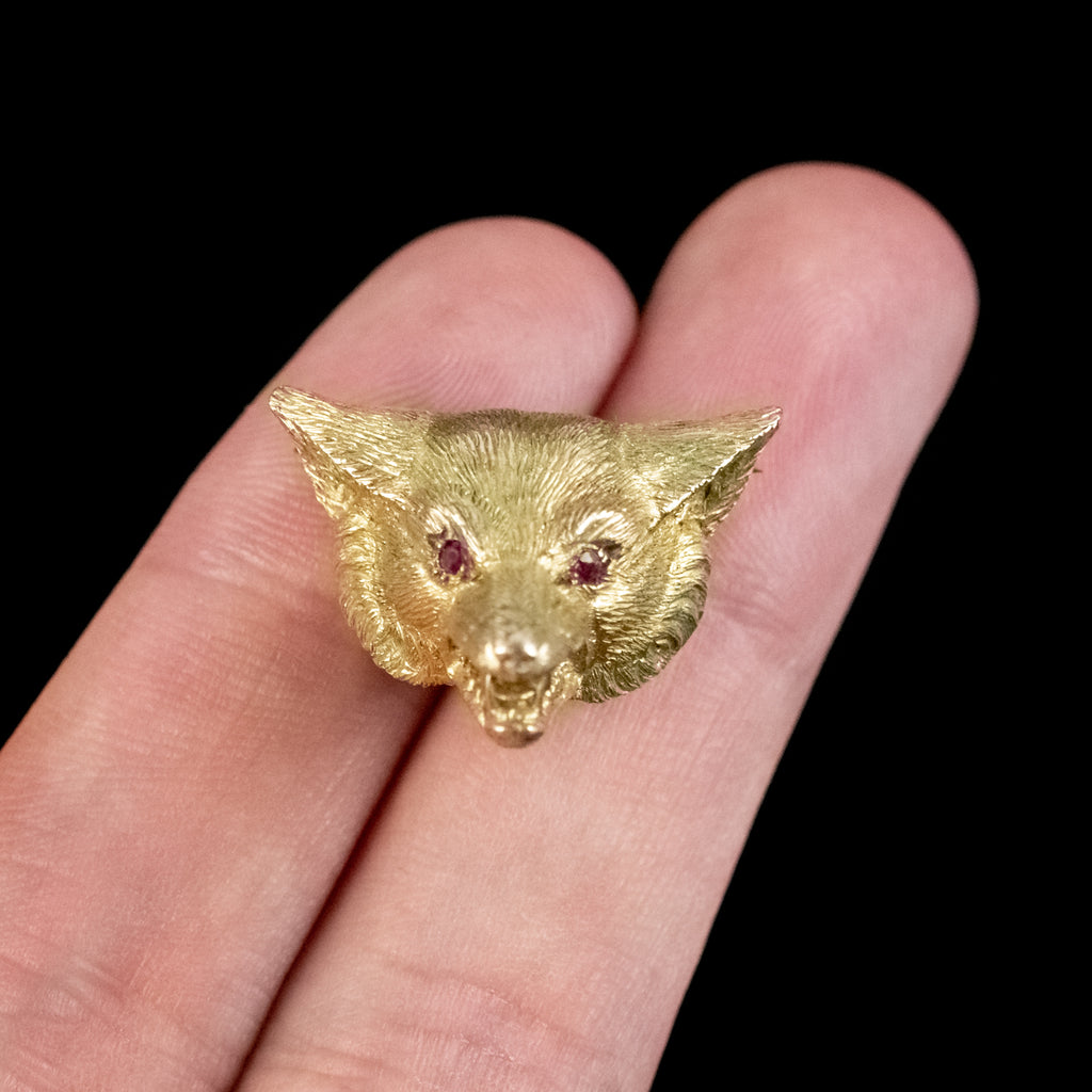 Victorian Style Fox Brooch 9ct Gold Ruby Eyes Dated 1987