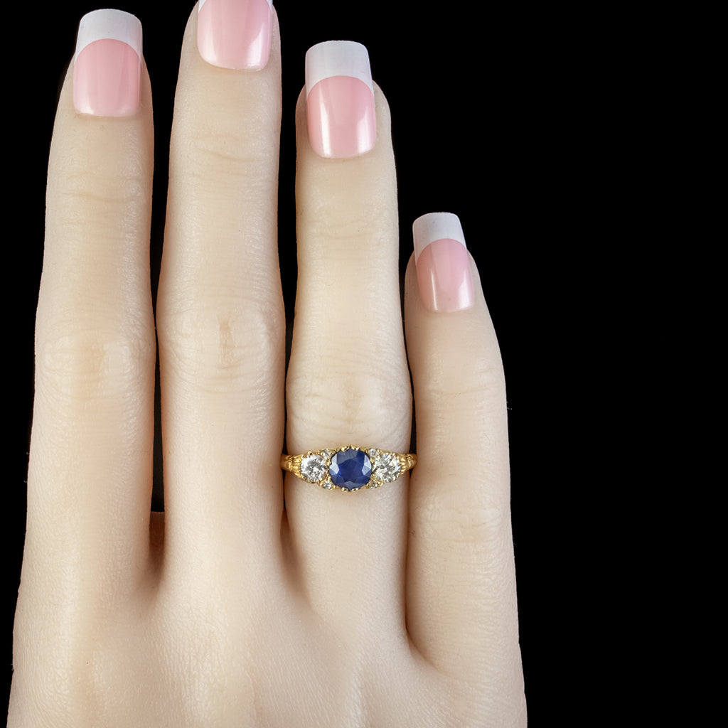 Victorian Style Sapphire Diamond Trilogy Ring 0.80ct Blue Sapphire