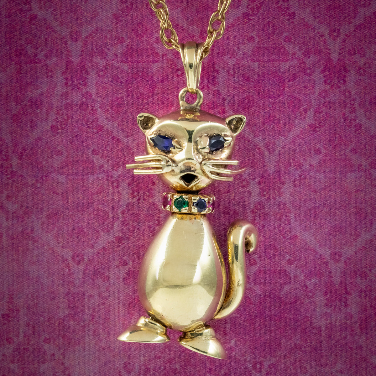 Vintage Gemstone Cat Pendant Necklace 9ct Gold Main image