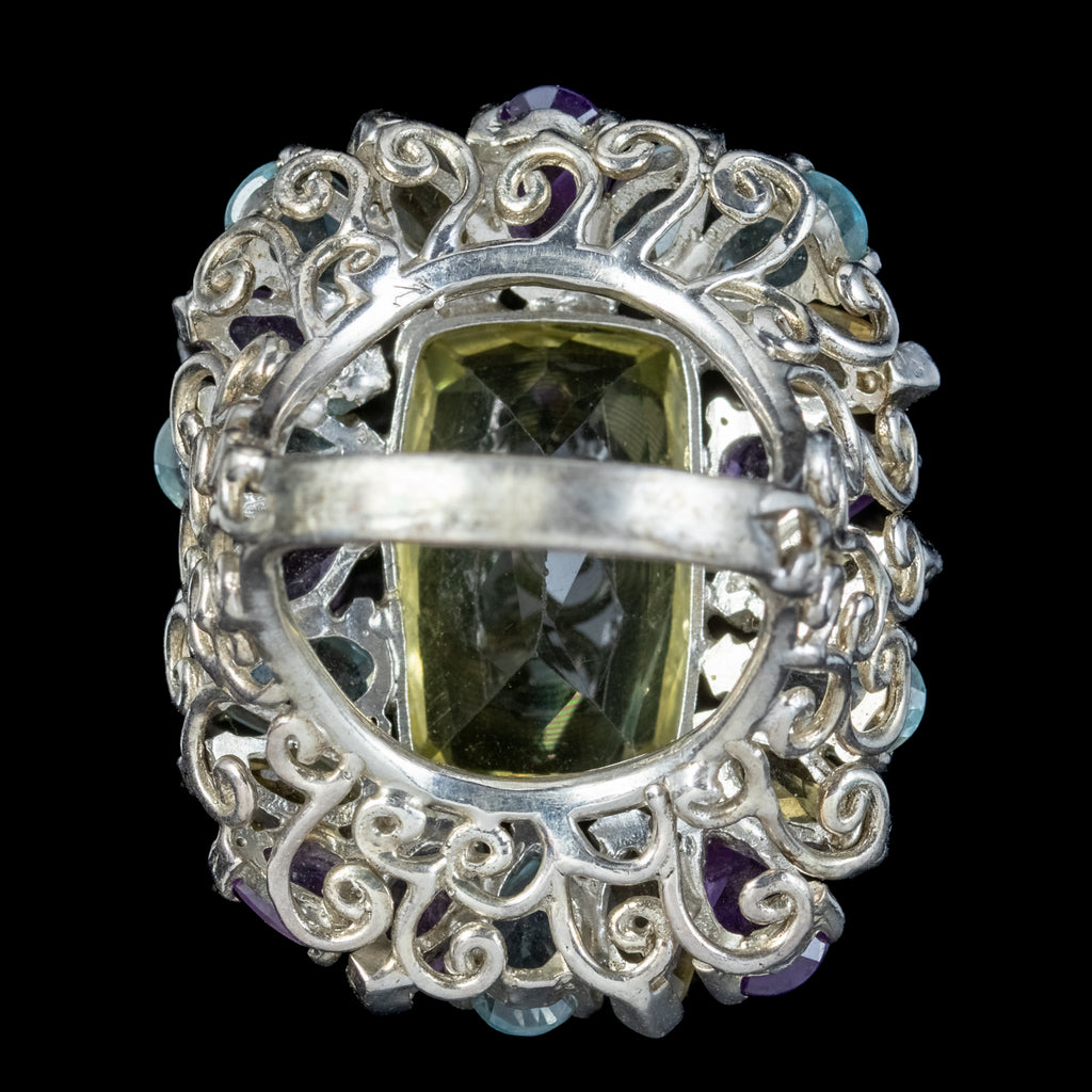 Art Deco Style Citrine Amethyst Aquamarine Cluster Cocktail Ring Sterling Silver