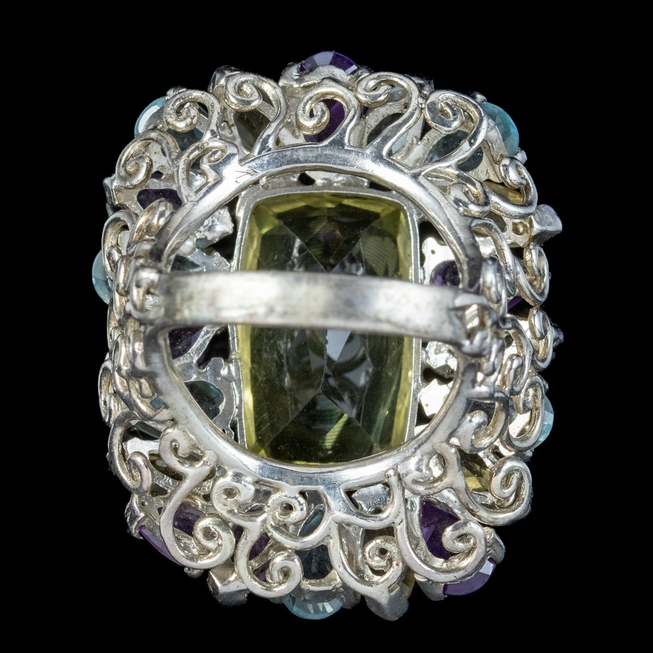 Art Deco Style Citrine Amethyst Aquamarine Cluster Cocktail Ring Sterling Silver