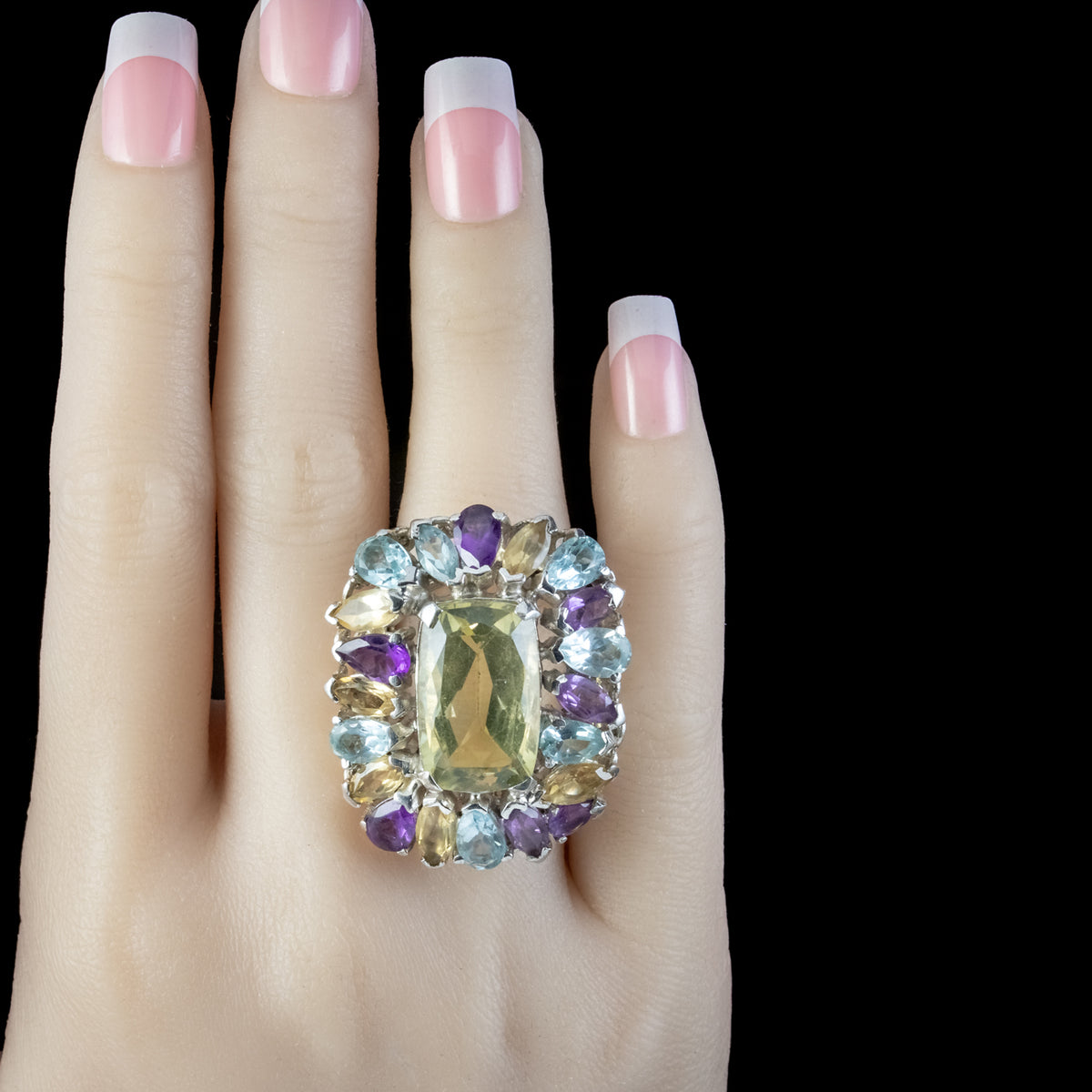 Art Deco Style Citrine Amethyst Aquamarine Cluster Cocktail Ring Sterling Silver