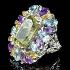 Art Deco Style Citrine Amethyst Aquamarine Cluster Cocktail Ring Sterling Silver
