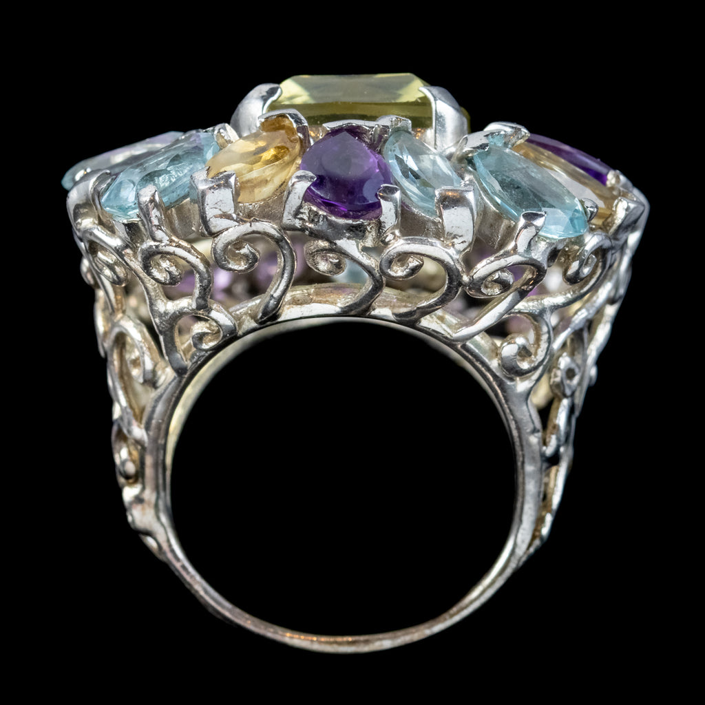 Art Deco Style Citrine Amethyst Aquamarine Cluster Cocktail Ring Sterling Silver